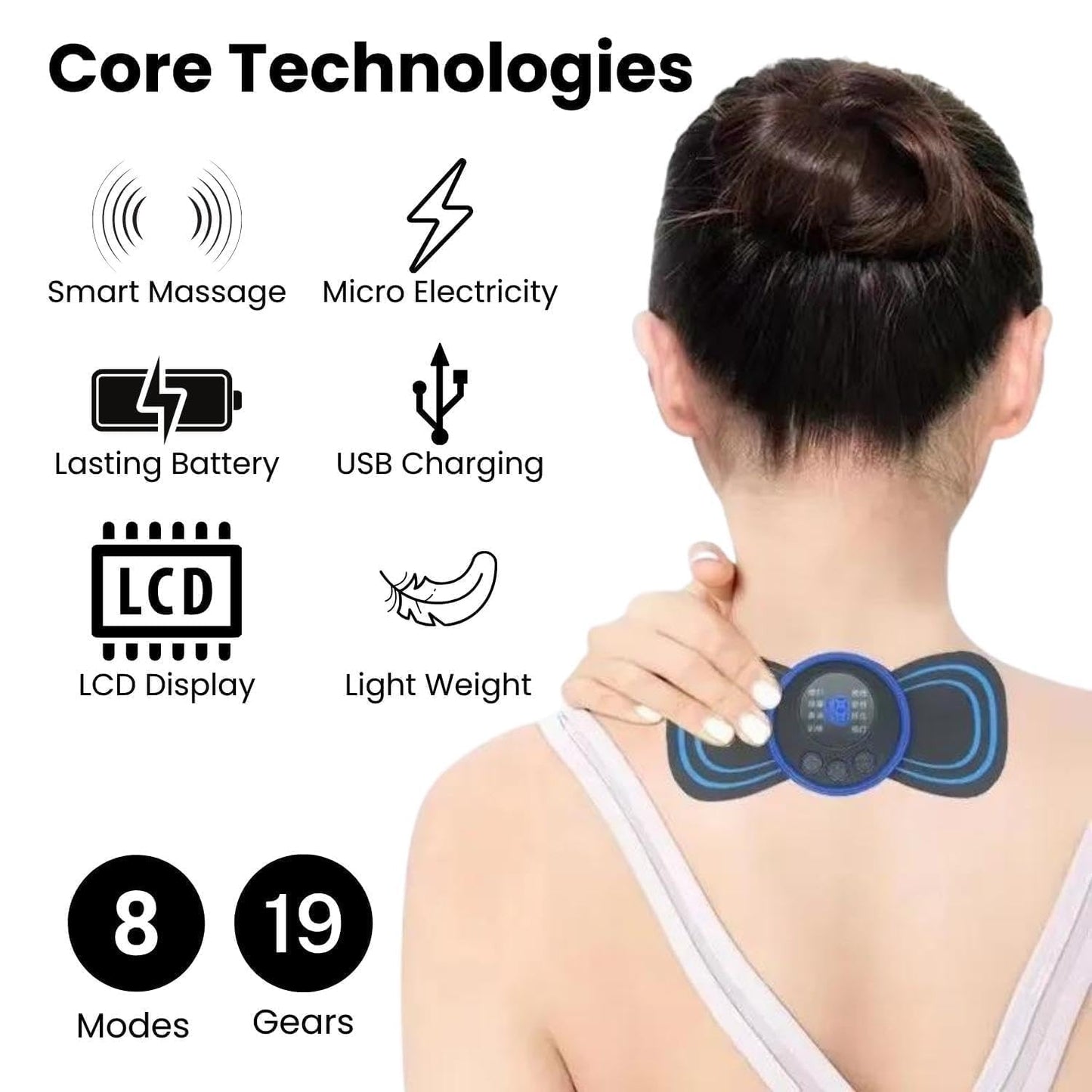 PowerRelief Mini Electric Massager — 8 Modes, 19 Levels, Full Body Relief